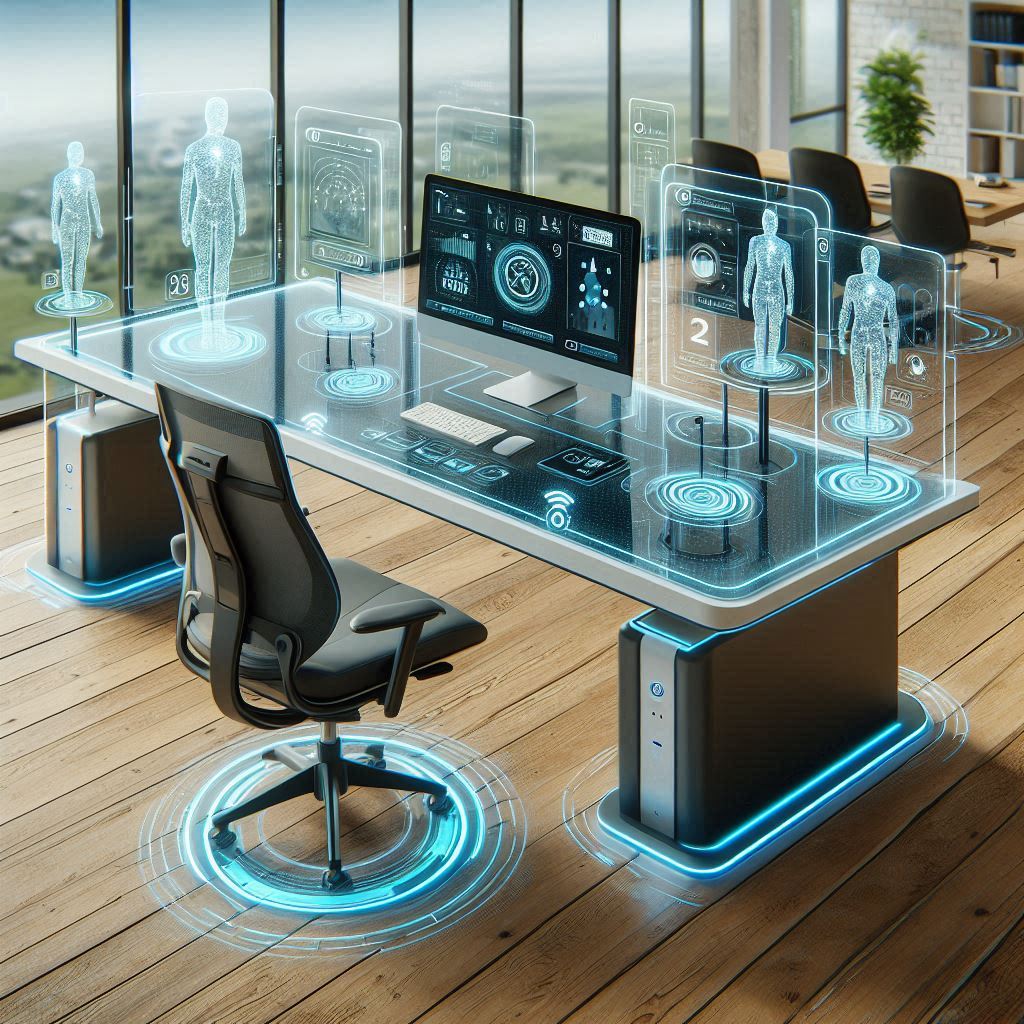 Intelligent Desks with wireless charging, automatic height adjustments, transparent screens, and integrated virtual assistants (1)