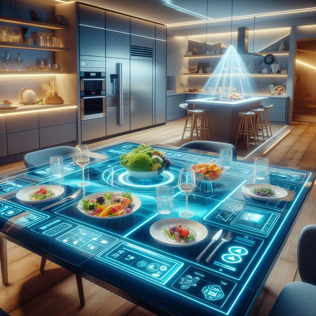 Mesas de Comedor Holográficas – Superficies interactivas con pantallas táctiles para ver recetas, controlar dispositivos del hogar y hasta proyectar hologramas