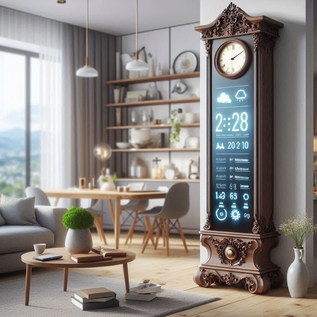 Relojes Decorativos de torre para mobiliario con Pantallas Inteligentes – Personalización de diseño, proyección de información del clima, agenda y sincronización con dispositivos móviles